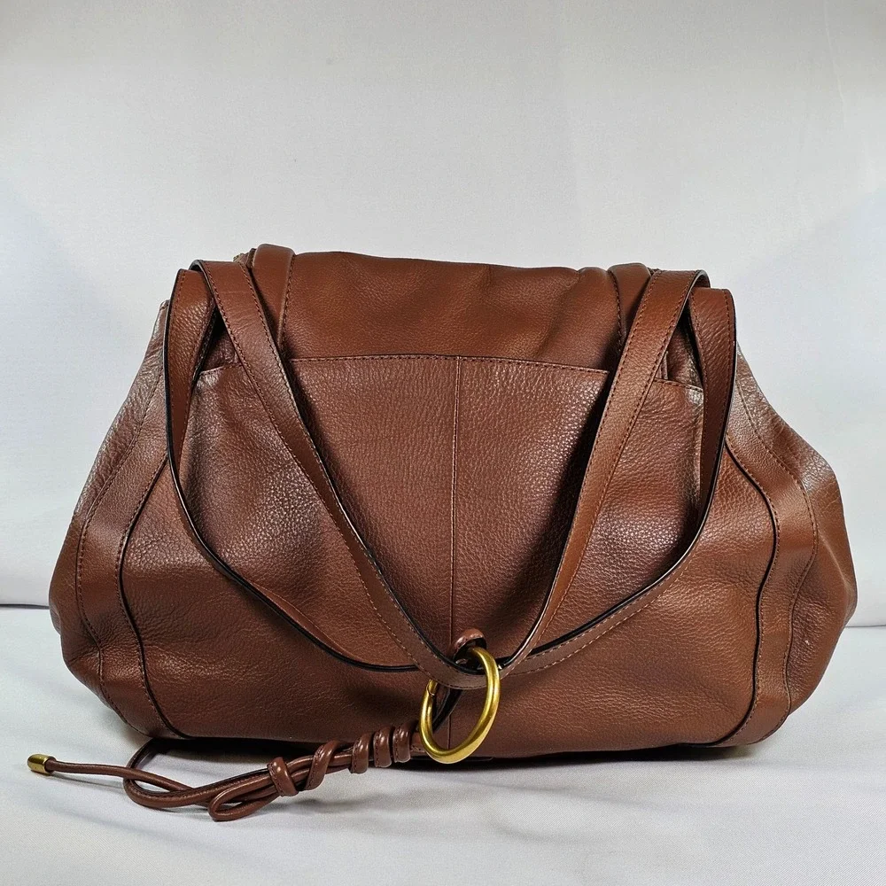 Vince Camuto Lenka Cognac Brown Pebbled‎ Leather V-Flap Shoulder Bag Hobo Purse